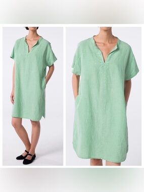 ischiko myso 904 green linen v-neck dress